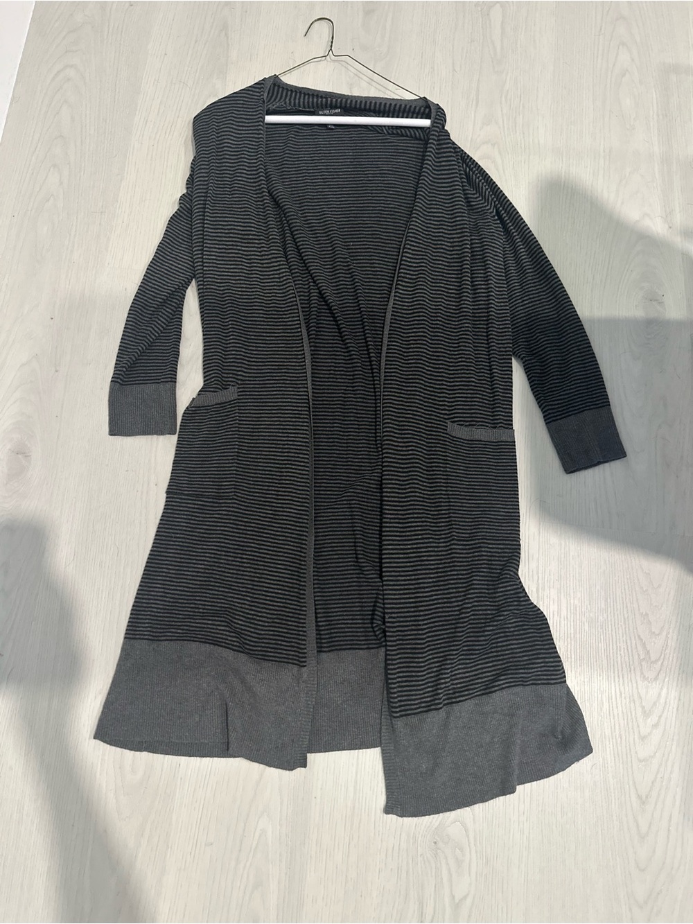 Eileen Fisher Long Open-Front Striped Knit Cardigan in Charcoal and Black